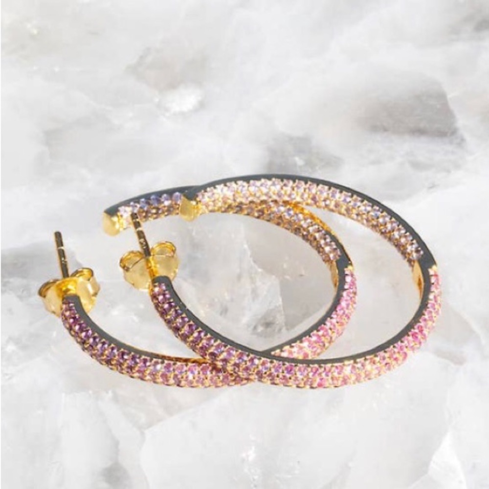 Native Gem Pink Sapphire CZ Paris Hoop Earrings. New in Box